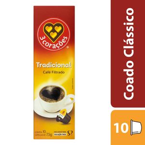 Café em Cápsula 3 Corações Torrado e Moído Tradicional Filtrado Caixa 75g c/ 10 Unid