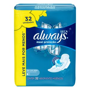 Absorvente Always Cobertura Seca c/ Abas Dia Maxi Proteção c/ 32 Unid Leve + Pague -