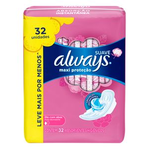 Absorvente Always Cobertura Suave c/ Abas Dia Maxi Proteção c/ 32 Unid Leve + Pague -