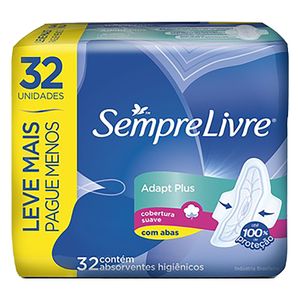 Absorvente Sempre Livre Adapt Plus Cobertura Suave c/ Abas  c/ 32Unid Leve + Pague -