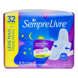 Absorvente Sempre Livre Noturno Cobertura Seca c/ Abas c/ 32 Unid Leve + Pague -