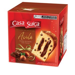 Panettone Casa Suíça Gotas de Chocolate ao Leite Recheio Creme de Avelã c/ Cacau Caixa 500g