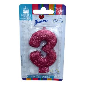 Vela de Aniversário Junco Pink com Gliter N. 3