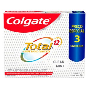 Creme Dental Colgate Total 12 Anticárie c/ Flúor Clean Mint 90g c/ 3 Unid