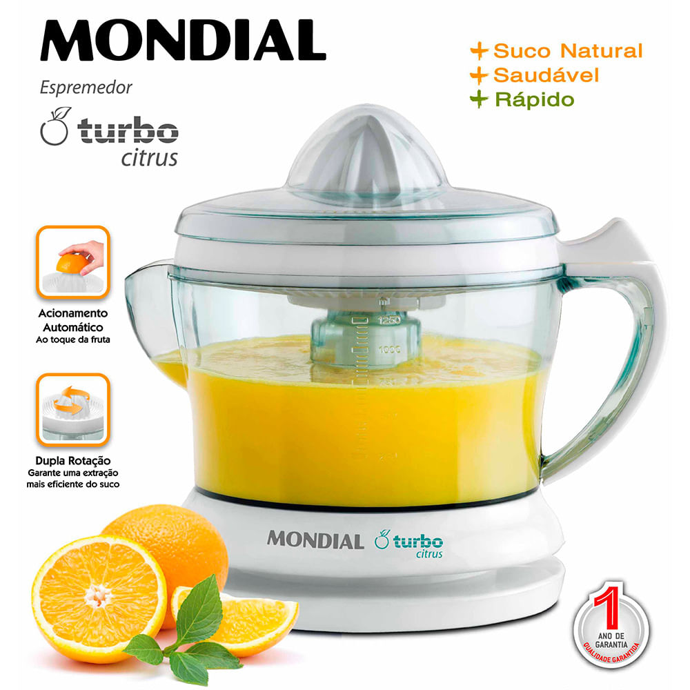 Encontraproduto.com.br - Espremedor 1,25L Mondial Turbo Citrus E-01 com Dupla Rotação e Acionamento Automático Branco 127V