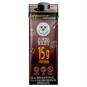 Bebida Láctea UHT 3 Corações Power Whey Zero Lactose 15g ProteínaCappuccino Chocolate Caixa 250ml