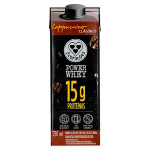 Bebida Láctea UHT 3 Corações Power Whey Zero Lactose 15g Proteína Cappuccino Clássico Caixa 250ml