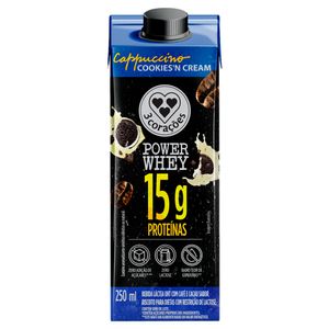 Bebida Láctea UHT 3 Corações Power Whey Zero Lactose 15g Proteína Cappuccino Cookiesn Cream Caixa 250ml