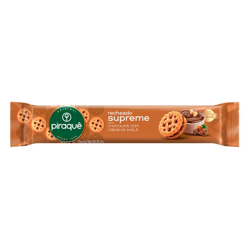 Biscoito Recheado Piraquê Supreme Chocolate c/ Creme de Avelã 80g, Biscoito Doce