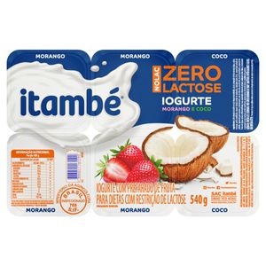 Iogurte Parcialmente Desnatado Itambé Nolac Zero Lactose Morango + Coco Bandeja 90g com 6 Unidades