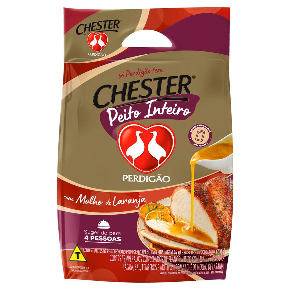 Peito de Chester Perdigão c/ Molho de Laranja Inteiro Temperado Congelado, Cortes de Frango