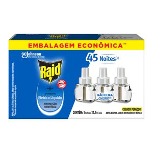 Repelente Líquido Elétrico Raid 45 Noites Refil 32.9ml c/ 3 EmbalagemEconômica