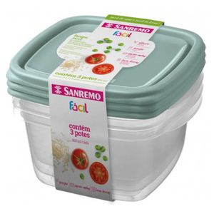 Conjunto de Pote Sanremo Quadrado Plástico Sortido 800ml c/ 3 Unid