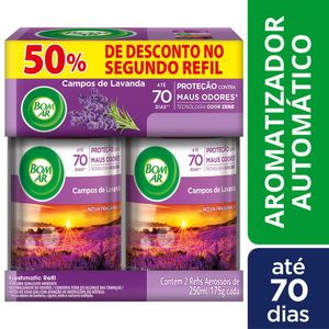 Aromatizador de Ambiente Bom Ar Campos de Lavanda 250ml c/ 2 Unid Grátis 50% de Desc Segundo Refil